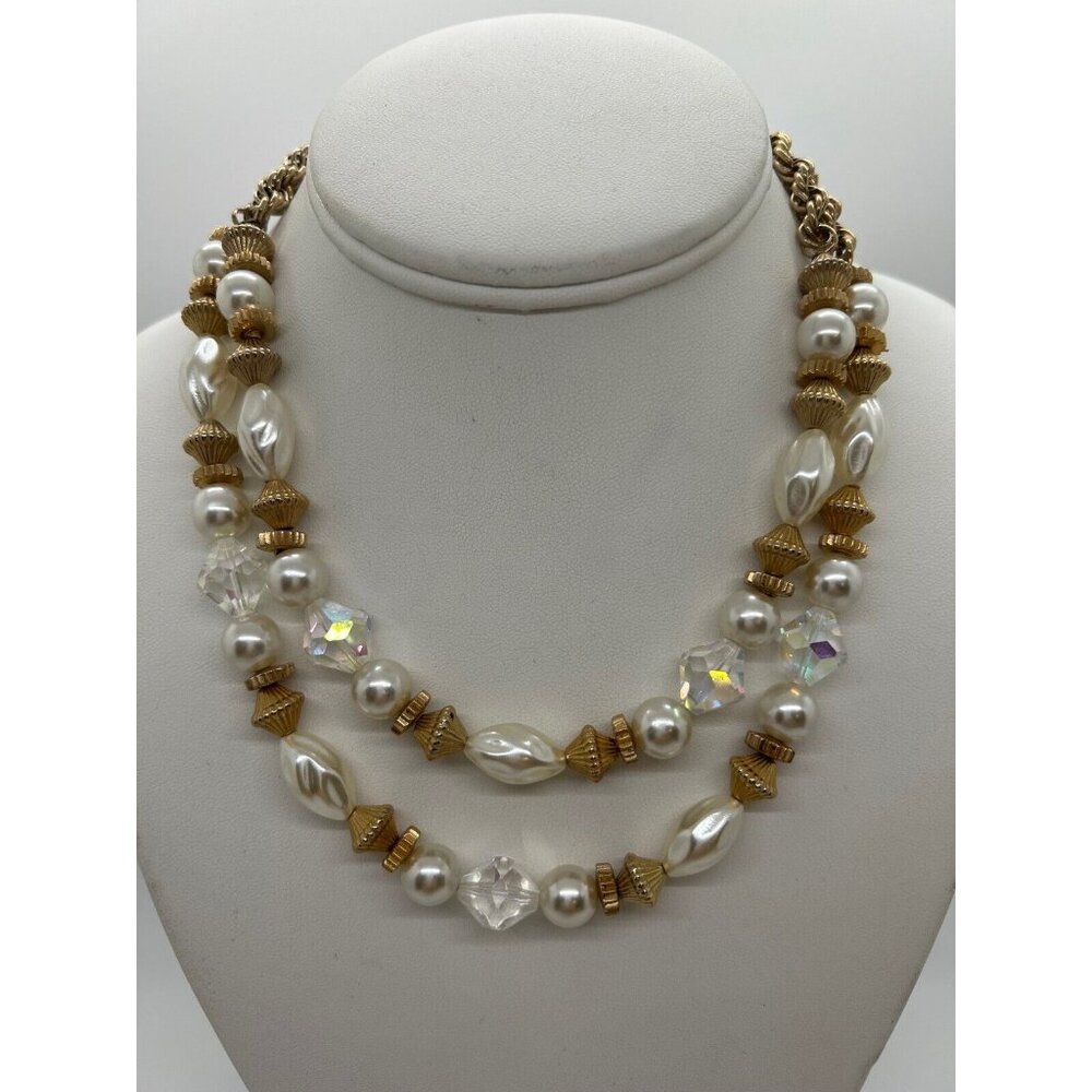 Faux Pearl Necklace Crystals Gold-tone Rope Chain Two Strand Strand Vintage - Picture 1 of 14